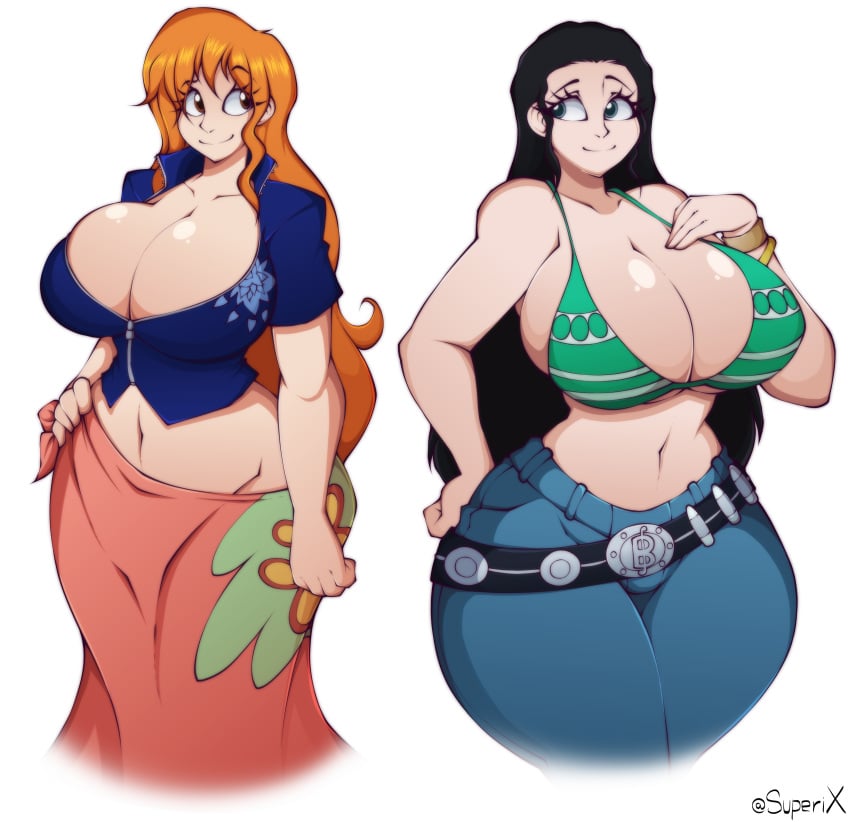 2019 2girls 4k absurd_res artist_name bikini black_hair breasts breasts_bigger_than_head brown_eyes busty cleavage clothing_swap costume_switch curvy curvy_female digital_media_(artwork) duo duo_focus eyelashes female female_focus female_only green_eyes hand_on_hip hi_res hips hourglass_figure huge_breasts human human_only jeans light-skinned_female light_skin long_hair looking_at_another nami nami_(one_piece)_(cosplay) nami_(post-timeskip)_(cosplay) nico_robin nico_robin_(cosplay) nico_robin_(post-timeskip)_(cosplay) one_piece orange_hair outfit_swap post-timeskip simple_background slim_waist striped_bikini superix thick_thighs thighs voluptuous watermark white_background wide_hips