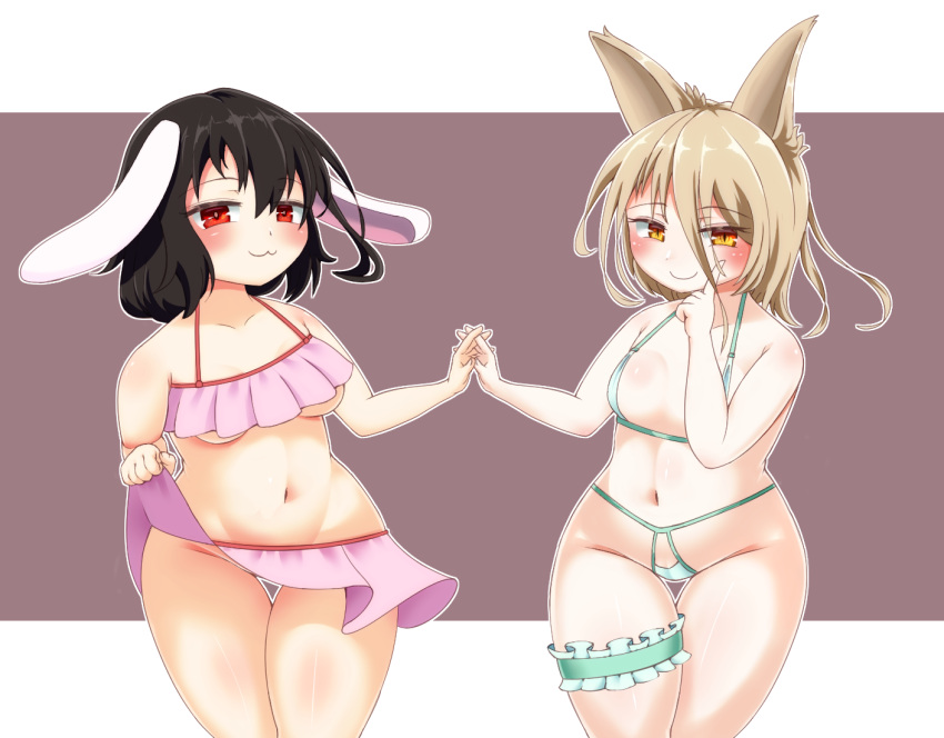 2girls animal_ears bikini black_hair bunny_ears fox_ears holding_hands kudamaki_tsukasa lifted_by_self looking_at_viewer multiple_girls red_eyes scarlet_jelly smirk swimsuit tewi_inaba thigh_strap touhou yellow_eyes