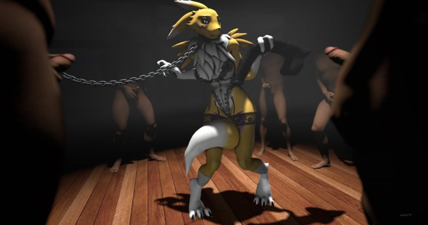 3d_(artwork) animal_dildo animal_sex_toy anthro bandai_namco black_clothing black_lingerie black_nose black_sclera blue_eyes breasts chain_leash chains claws clothing collar digimon digimon_(species) digital_media_(artwork) digitigrade dildo dipstick_ears dipstick_tail equine_dildo erection faceless_character faceless_male facial_markings female genitals group head_markings holding_dildo holding_object holding_sex_toy human human_on_anthro humanoid_genitalia humanoid_penis imminent_sex inside kespr leash leash_and_collar leg_markings legwear lingerie looking_at_dildo looking_at_object looking_at_sex_toy male mammal markings masturbation multicolored_body multicolored_ears navel neck_tuft open_mouth penile penile_masturbation penis renamon scared sex_toy shoulder_tuft spotlight standing stockings surrounded tail_between_legs tail_markings teeth thigh_markings toe_claws tuft two_tone_body white_body yellow_body