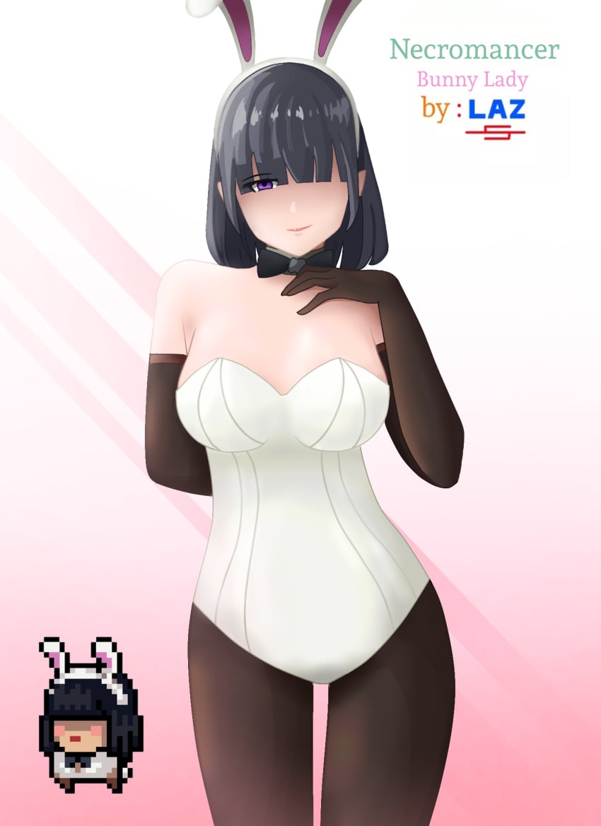 black_hair bunny bunny_costume bunny_ear bunny_ears bunny_girl bunny_lady_(soul_knight) bunnygirl bunnysuit chest gloves half-closed_eyes half-dressed half_dressed half_naked lazarus_ necromancer_(soul_knight) one_eye_closed one_eye_covered purple_eyes smug smug_face soul_knight