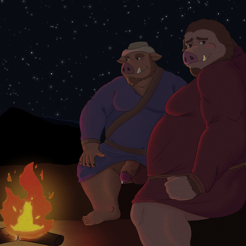 age_difference anthro bodily_fluids campfire clothing duo genital_fluids genitals hi_res khenbish_(minotaur_hotel) leaking_precum looking_at_viewer looking_back looking_back_at_viewer male male/male mammal mature_male mckenzie_(artist) minotaur_hotel mongolian_clothing night overweight overweight_male penis precum robe sitting suid suina sus_(pig) wild_boar