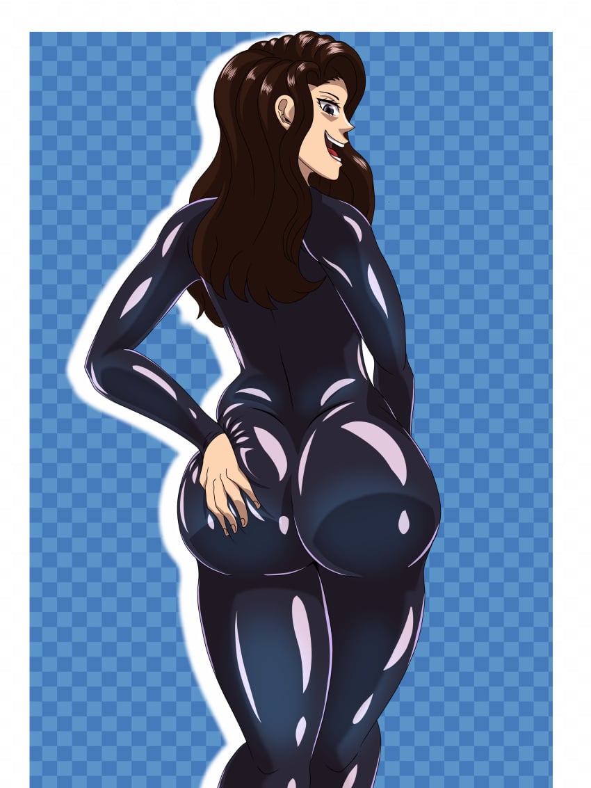 ass ass_focus ass_grab big_ass big_butt bodysuit brown_hair bubble_ass bubble_butt cana_alberona fairy_tail female fully_clothed hand_on_ass jiggle_butt_gang large_ass looking_at_viewer looking_back presenting_hindquarters skin_tight smiling thick_thighs tight_clothing