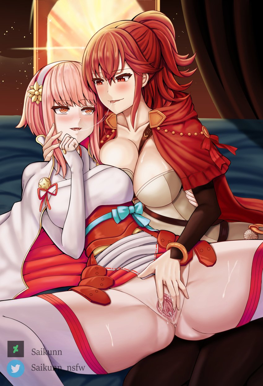 2girls after_kiss anna_(fire_emblem) anna_(fire_emblem_fates) ass_visible_through_thighs asymmetrical_docking bangs bare_thighs bed blush breast_press breasts capelet cleavage elbow_gloves female female_only fingering fingering_partner fingerless_gloves fire_emblem fire_emblem_fates french_kiss gloves hairband hug indoors inner_thighs kissing large_breasts looking_at_another medium_breasts medium_hair multiple_girls night nintendo on_back on_bed open_mouth orange_eyes pink_hair ponytail pussy red_eyes red_hair saikunartworks sakura_(fire_emblem) saliva saliva_string smile spread_legs spread_pussy sweat thick_thighs thighhighs thighs tongue tongue_out uncensored yuri