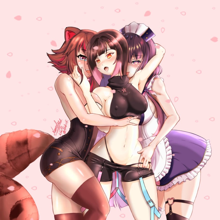 2022 3girls artist_signature big_tail black_shorts black_thong blush breasts breasts_visible_through_clothing brown_hair brown_panties clothed_female digital_drawing_(artwork) digital_media_(artwork) female female_only hana_yomeguri hina_misora indie_virtual_youtuber latam_virtual_youtuber long_hair long_hair_female looking_at_partner looking_at_viewer multiple_girls nameless_monkey one_arm_behind_head one_eye_covered one_eye_visible open_mouth owozu que1:1 rakkun short_hair short_hair_female signature tail thick_thighs thighs thong threesome tongue tongue_out two_tone_hair undressing undressing_another virtual_youtuber vtuber vtuberfanart wactor wactor_es wactor_production youtube youtube_hispanic yuri