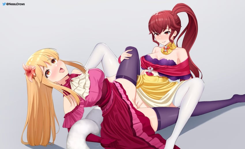 2girls alternate_costume anna_(fire_emblem) anna_(fire_emblem)_(archanea) bare_thighs blonde_hair breasts female female_only fire_emblem fire_emblem:_genealogy_of_the_holy_war fire_emblem_heroes lachesis_(fire_emblem) lachesis_(masquerade)_(fire_emblem) long_hair medium_breasts multiple_girls nessu_(nnn07897) nessudraws nintendo official_alternate_costume open_mouth orange_eyes ponytail pussy red_eyes red_hair smile thighhighs thighs tribadism yuri