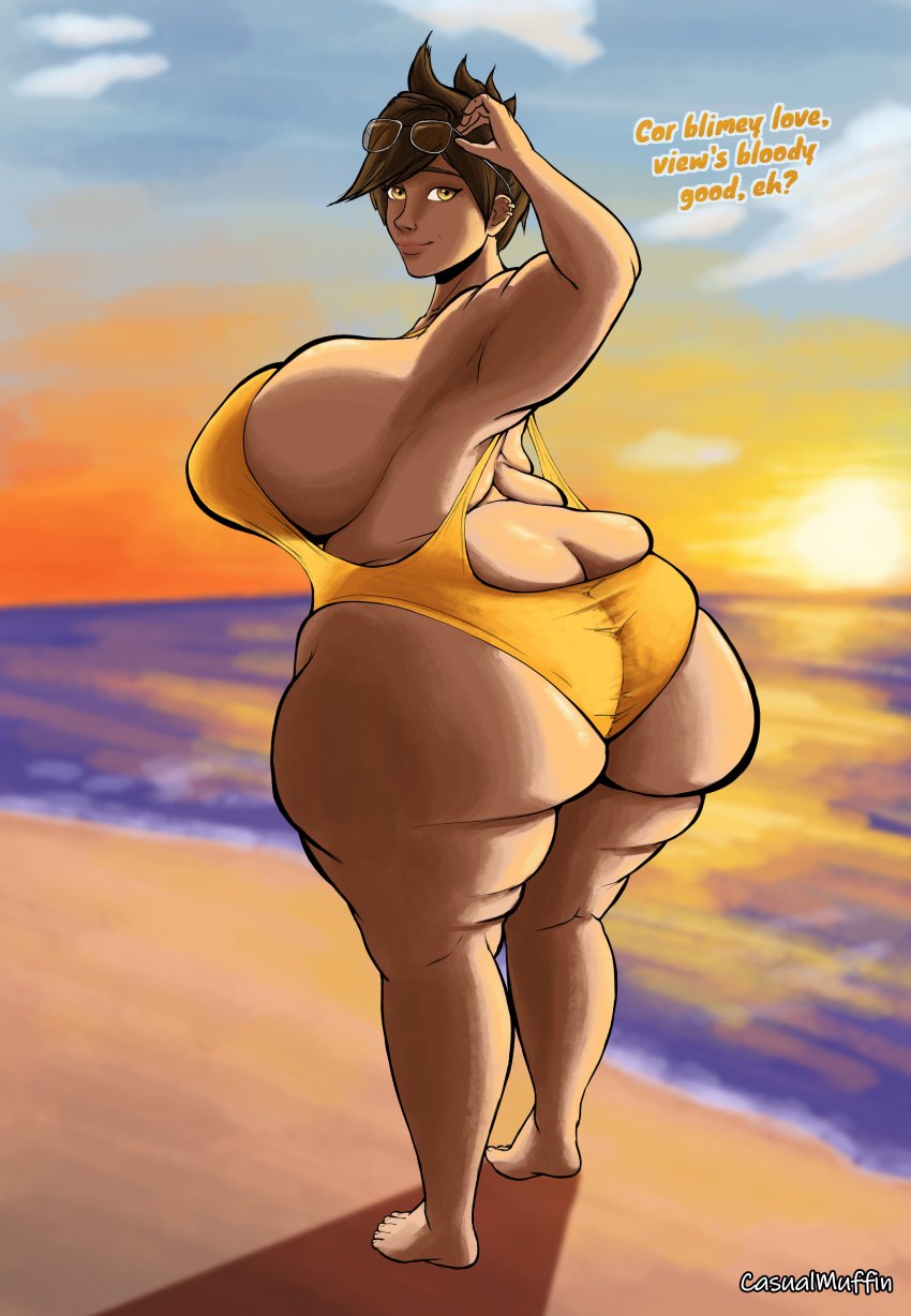 1girls ass ass_cleavage bbw beach big_ass big_breasts bottom_heavy breasts brown_hair bursting_ass busty butt_crack casualmuffin chubby chunky dialogue fat fat_ass fat_thighs female huge_ass huge_breasts lard_ass large_ass large_breasts one-piece_swimsuit overflowing_ass overwatch overweight short_hair solo_female sunglasses_on_head swimsuit tracer yellow_eyes