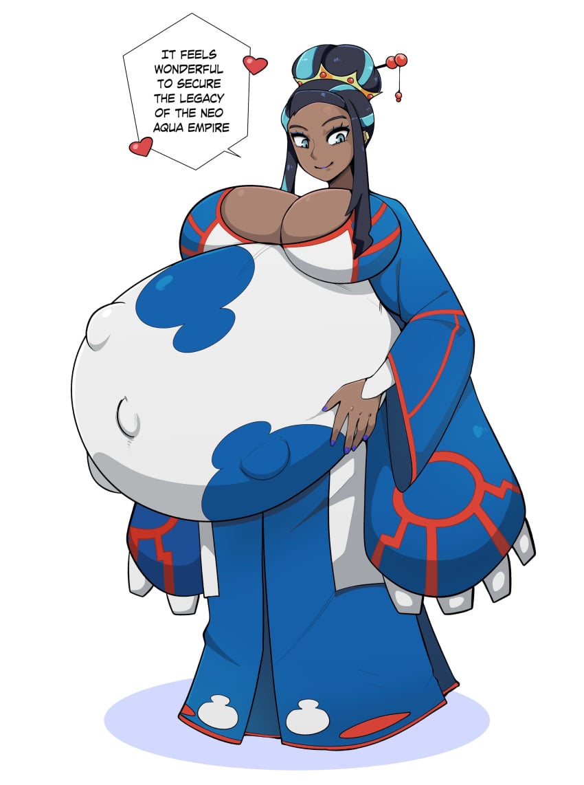 1girls belly big_belly big_breasts breasts cleavage dark-skinned_female dark_skin female fetal_movement huge_belly hyper_pregnancy kyogre_(cosplay) nessa_(pokemon) pokemon pokemon_(cosplay) pokemon_ss pregnant royalty speech_bubble zeruxu