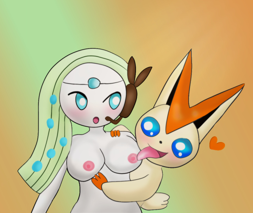 big_breasts breasts licking meloetta mythical_pokemon pokémon_(species) pokemon victini