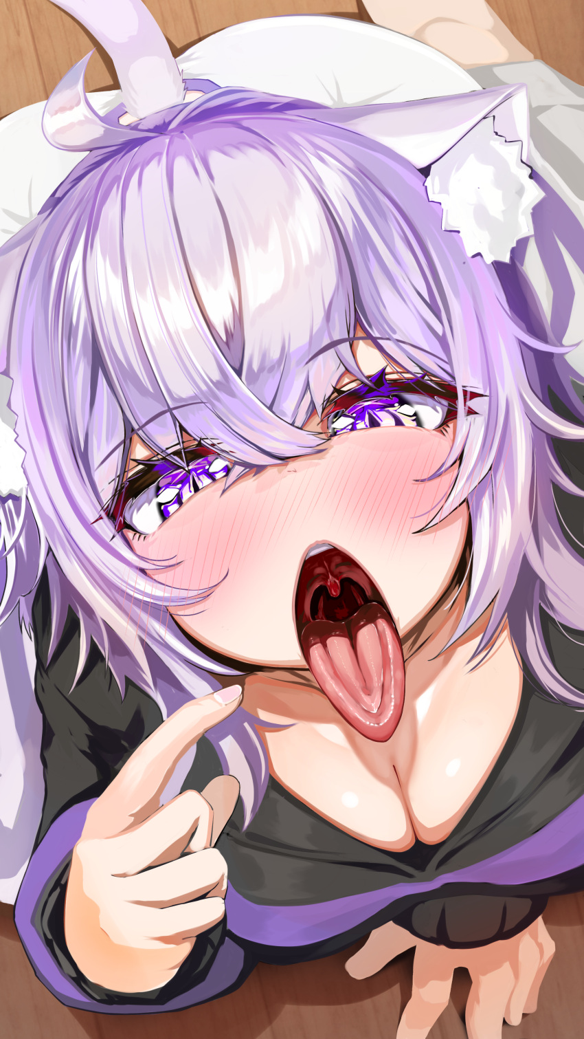 /// ahoge animal_ears blush breasts cat_ears cat_girl cat_tail catgirl cleavage hololive hololive_gamers hololive_japan kajimakoto kneeling large_breasts looking_at_viewer mouth_shot nekomata_okayu open_mouth pointing pointing_at_mouth pov presenting_mouth purple_eyes purple_hair short_hair tongue tongue_out virtual_youtuber