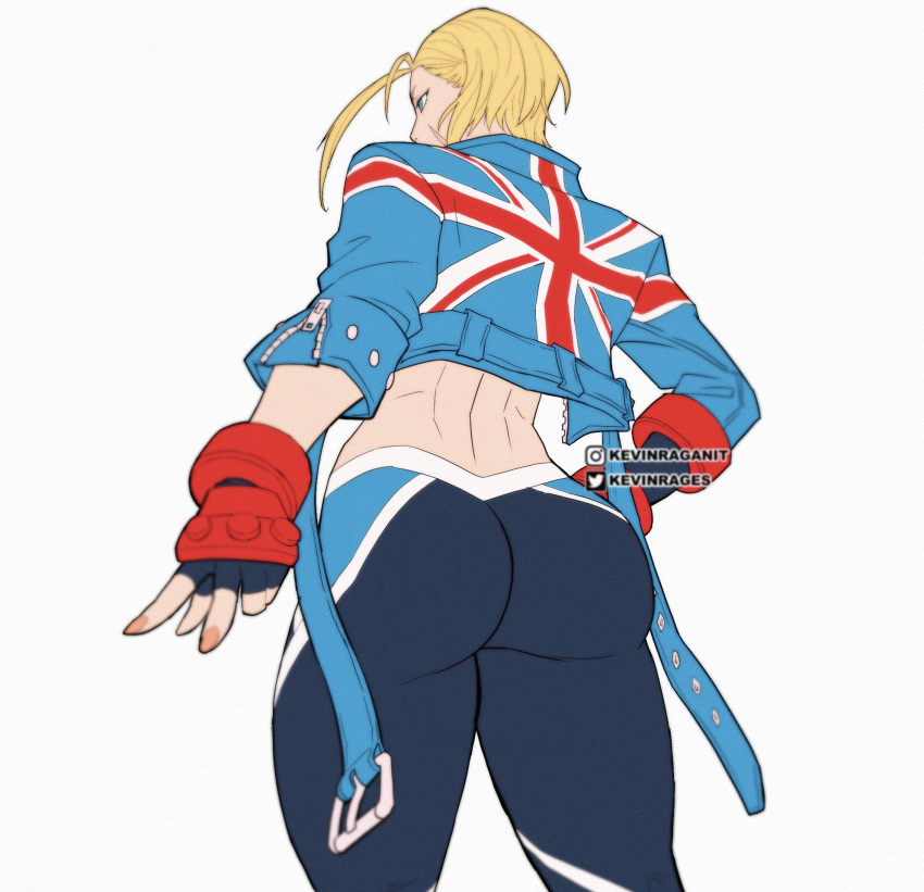 1girls ass big_ass blonde_hair blue_eyes bubble_butt cammy_white capcom clothed clothed_female clothes clothing female female_only fully_clothed jacket kevinraganit light-skinned_female low-angle_view nail_polish painted_nails rear_view solo street_fighter street_fighter_6 thick_thighs union_jack