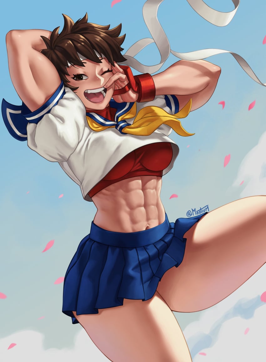 1girls abs big_breasts breasts capcom female female_only light-skinned_female mootium muscular muscular_female sakura_kasugano school_uniform short_hair sports_bra street_fighter thick_thighs tomboy