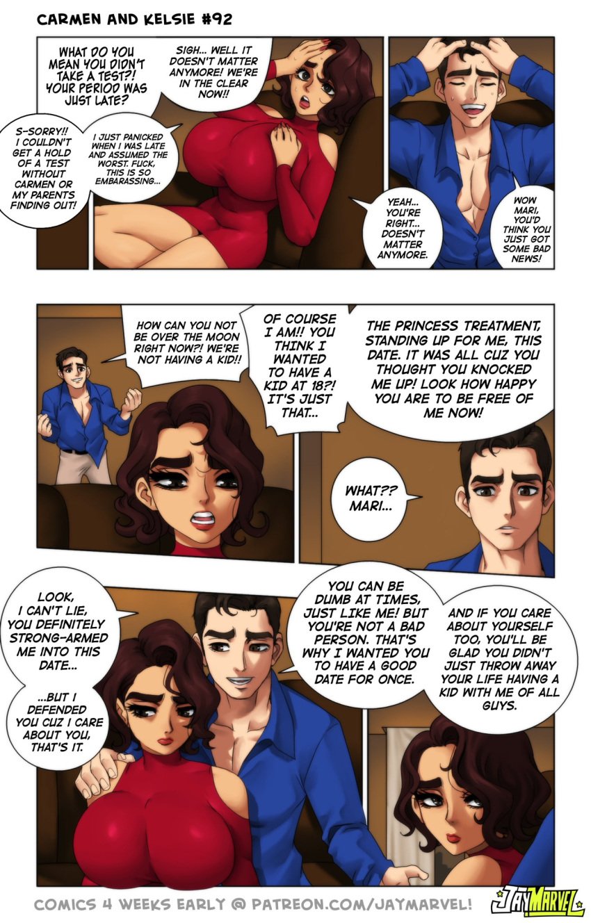 1boy 1boy1girl 1girls 2022 apartment ass ass_up big_breasts big_thighs blue_shirt breasts breasts_bigger_than_head breasts_bulging_out_of_panel brown_eyes brown_hair carmen_and_kelsie collared_shirt comic couch dialogue dialogue_box disappointed dress english_text enormous_breasts formal_wear giant_breasts hand_on_breast hand_on_chest hand_on_shoulder head_down height_difference huge_breasts interracial jay-marvel large_breasts large_thighs larger_male latina light_blush lipstick long_eyelashes long_fingernails looking_down marisol_marvello massive_breasts medium_length_hair menstruation mexican michael_russo nervous_sweat original page_92 painted_nails painted_toenails patreon_username plump_breasts realization red_dress red_lipstick relief sad_expression short_hair skyscraper slim_thick slim_waist small_ass smaller_female straight_hair suit tan-skinned_female text thick_eyebrows thighs thin_waist tight_clothing tight_dress tiny_waist top_heavy unbuttoned_shirt untucked_shirt voluptuous wavy_hair