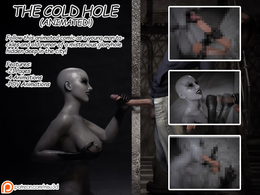 1boy 1boy1girl 1girls 3d advertisement bald black_hands black_lips black_lipstick black_sclera breasts claws corridor dark_eyes fellatio ghost ghost_girl glory_hole handjob misuzalha3d nipples pale_skin patreon promotional_art self_upload smiling sweat sweaty the_witness_(misuzalha3d) unseen_male_face wet