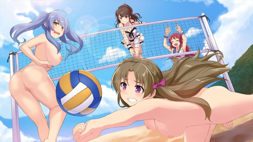 4girls ass beach embarrassed exhibitionism feet female female_only hotaru_kokonohi moe_ninja_girls multiple_girls nipples nude_female pussy sand volleyball