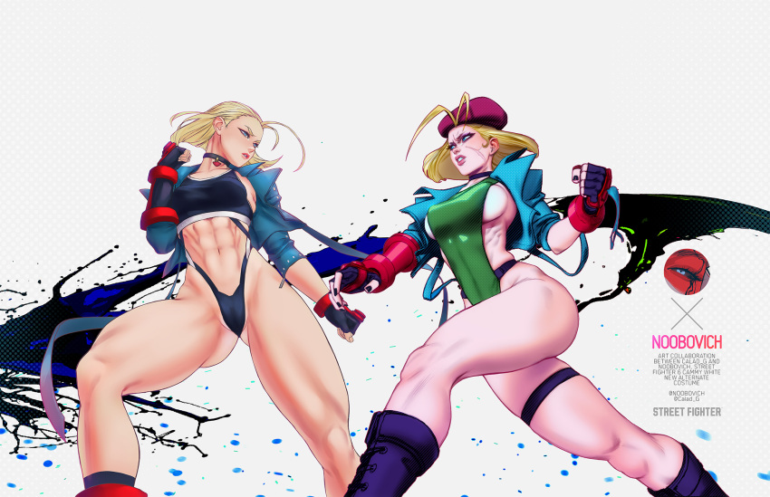 2girls abs ass athletic athletic_female big_ass big_breasts blonde_hair blue_eyes breasts calad_g cameltoe cammy_white capcom cleavage female female_only fit fit_female leotard light-skinned_female noobovich sideboob street_fighter street_fighter_6 thick_thighs wide_hips