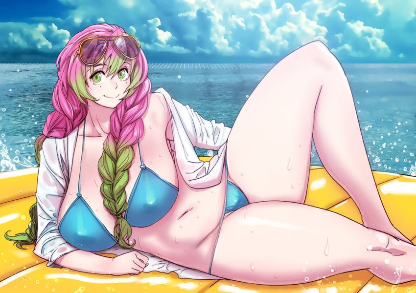 alternate_costume big_breasts bikini blue_bikini braided_hair butcherboy demon_slayer female female_only green_eyes hoodie huge_breasts kanroji_mitsuri kimetsu_no_yaiba long_hair looking_at_viewer mole_under_eye nipple_bulge ocean pink_hair smile solo sunglasses_on_head swimsuit thick_thighs two_tone_hair wet wet_skin