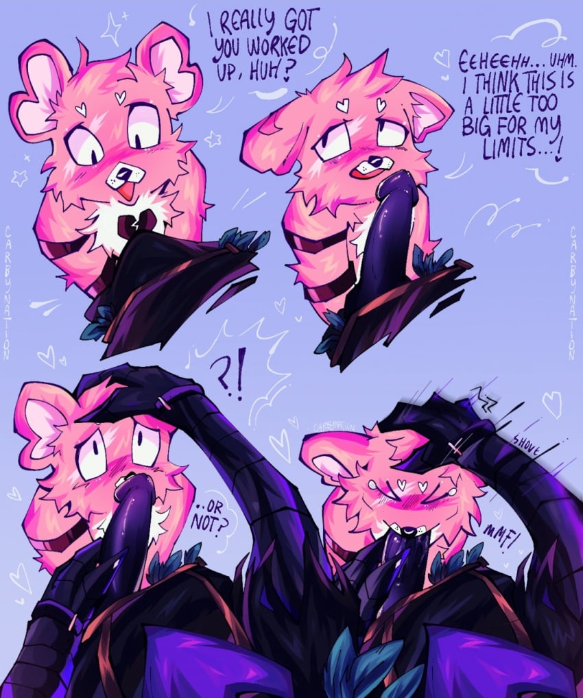 anthro bear bear_ears blowjob blue_background carbynation cuddle_team_leader english_text epic_games female fortnite fortnite:_battle_royale fur furry male oral oral_sex penis pink_fur raven_(fortnite) sex text video_game video_games