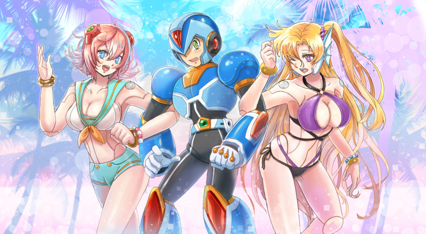 1boy 2girls big_breasts bikini kiwakiwa mega_man mega_man_x mega_man_x_dive merti nana_(mega_man) swimsuit tagme x_(mega_man)