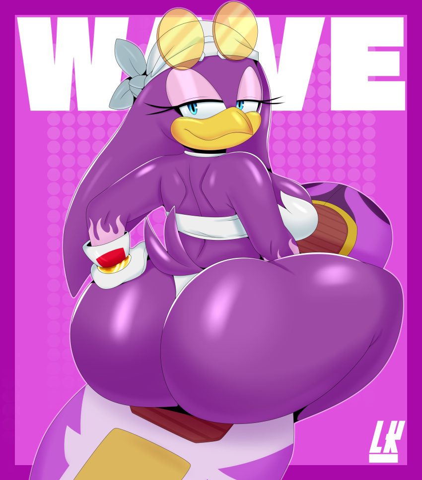 anthro ass avian bandana big_ass big_butt blue_eyes bottom_heavy bubble_butt butt clothing crop_top female female_only glasses gloves half-closed_eyes hand_on_ass hand_on_own_ass hoverboard huge_ass huge_butt lobokosmico looking_at_viewer looking_back panties sega sitting smile solo sonic_(series) sonic_riders sunglasses sunglasses_on_head thick_thighs thong wave_the_swallow wide_hips