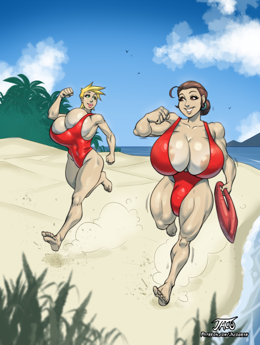 1futa 1girls alex_green_(nosunato) areola_slip barefoot beach big_breasts blonde_hair breasts brown_hair bursting_breasts cleavage clothed clothing detailed_background duo feet female flaccid futa_with_female futanari huge_breasts human iacolare jacogram lifeguard light-skinned_female light-skinned_futanari light_skin lyza_(jacogram) mostly_clothed original original_character original_characters penis running shiny_skin short_hair soles standing swimsuit thick_thighs toes voluptuous