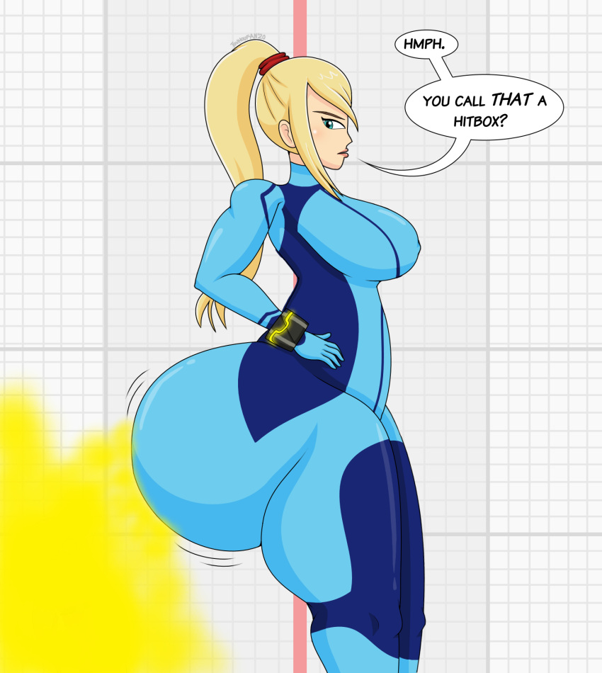 alternate_version_available ass ass_focus ass_jiggle ass_wiggle big_ass big_breasts big_butt blonde_hair bottom_heavy breasts bubble_ass bubble_butt dialogue fart fart_cloud fart_fetish farting fat_ass fat_butt female_only full_of_gas gassy grid_background hand_on_hip huge_ass huge_breasts huge_butt jiggling_ass large_ass large_breasts large_butt looking_back metroid nintendo samus_aran seductive seductive_pose smelly_ass smug smug_face super_smash_bros. thighhighs thighs touhoufan zero_suit zero_suit_samus