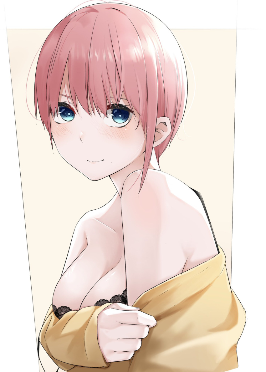 1girls aqua_eyes asymmetrical_hair bangs black_bra blue_eyes blush bra breasts cardigan cleavage female go-toubun_no_hanayome highres lace lace-trimmed_bra lace_trim large_breasts long_sleeves looking_at_viewer mame1645 medium_breasts nakano_ichika picot_trim picot_trim_bra pink_hair short_hair simple_background smile solo underwear upper_body very_short_hair yellow_cardigan