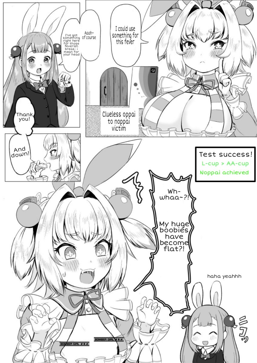 2girls big_breasts bombergirl breast_deflation breast_reduction breasts_getting_smaller breasts_shrinking comic flat_chest flat_chested huge_breasts potion small_breasts speech_bubble tagme