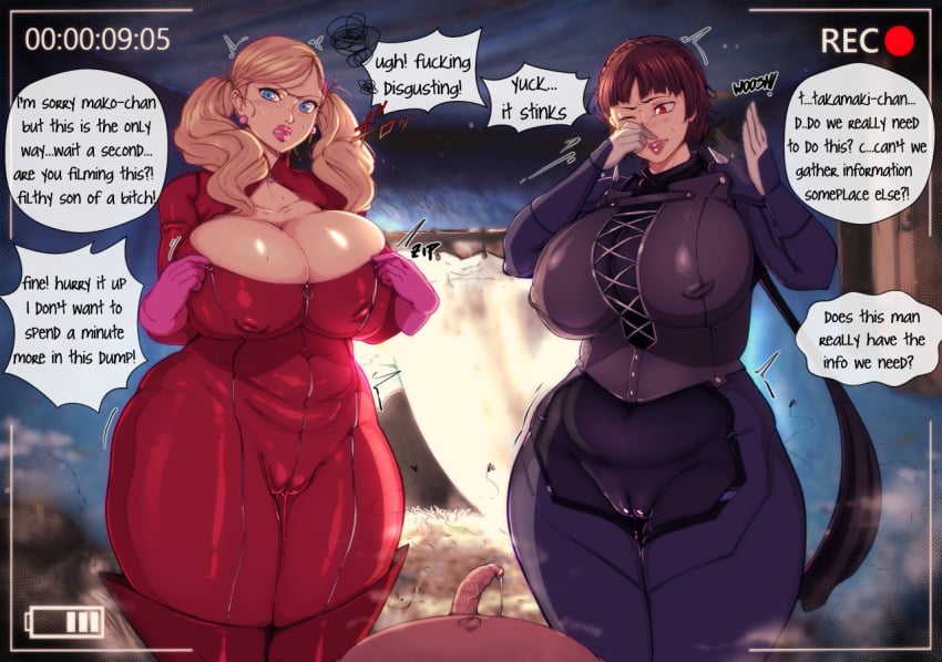 1boy 2girls angry ann_takamaki atlus big_breasts bittercream black_bodysuit blonde_hair blue_eyes bodysuit breasts brown_hair cameltoe chubby chubby_female cleavage cowboy_shot dialogue disgusted electronics erect_nipples erection fat_man female huge_breasts human impossible_bodysuit laces large_breasts lips makoto_niijima male male_pov megami_tensei musk musk_clouds musky musky_cock nose_pinch pale_skin penis persona persona_5 phantom_thief_suit pink_gloves pov pussy_juice red_bodysuit red_eyes sega shower skin_tight skintight slightly_chubby smell smelly smelly_cock standing text thick_thighs thigh_boots tight_clothing twintails undressing viewfinder voluptuous wide_hips