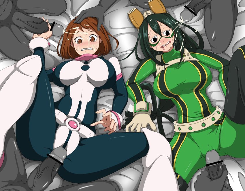 2girls 4boys belt big_breasts black_eyes blush bodysuit boots brown_eyes brown_hair captured cum cumming cute defeated forced goggles green_clothing green_hair helpless hero_outfit_(mha) imminent_gangbang imminent_rape kidnapped large_breasts legs_apart legs_held_open legs_spread multiple_boys my_hero_academia ochako_uraraka oekakukomi on_back on_bed rape scared short_hair skintight skintight_bodysuit teenage_girl teenager thighhighs tight_clothing tsuyu_asui worried worried_expression