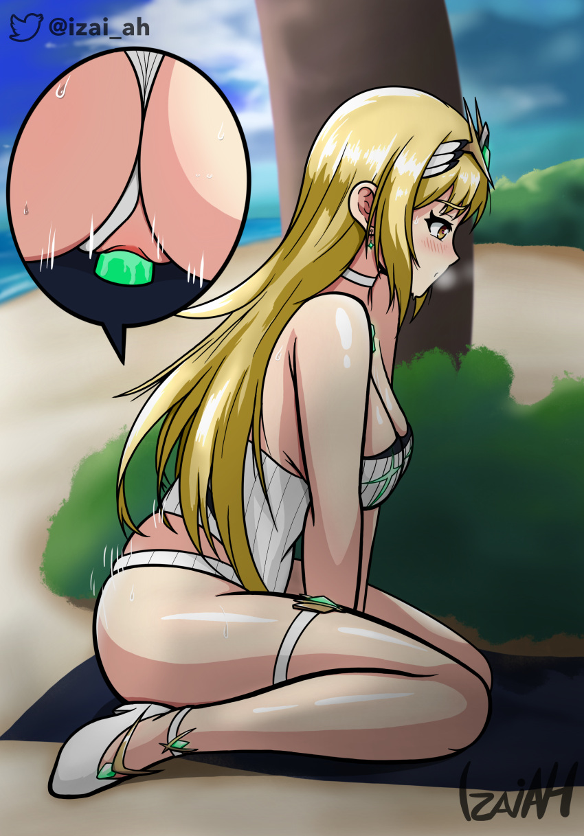 2022 beach close-up cowgirl_position dildo highres izai_ah izaiah_(artist) motion_lines mythra pussy pussy_juice sex_toy swimsuit xenoblade_(series) xenoblade_chronicles_2