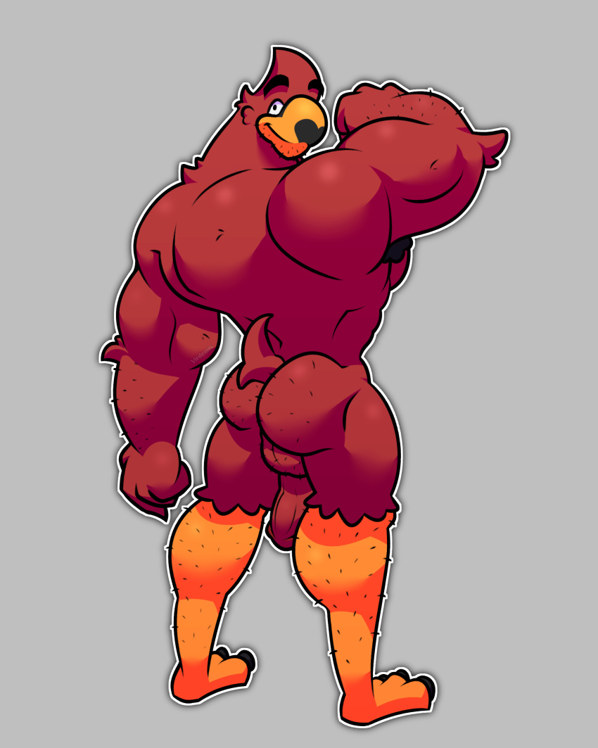 absurd_res anthro ass avian backsack balls beak big_butt bird broad_shoulders flexing genitals grey_background hi_res humanoid_genitalia humanoid_penis looking_at_viewer looking_back looking_back_at_viewer male male_only muscular muscular_male penis red_body riko_(virdemis) simple_background solo virdemis