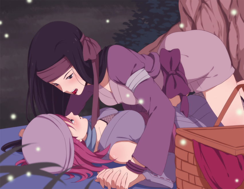 2girls after_kiss alternate_costume assertive assertive_female basket before_sex bent_over black_hair blanket breasts cherry couple female female/female female_only firefly food food_in_mouth holding_hands ichan-again kimono kin_tsuchi lesbians lying_on_back multiple_girls naruto naruto_(classic) naruto_(series) naruto_shippuden outdoors pinned pinned_down red_hair romantic romantic_couple sexually_suggestive tayuya tree turban yuri