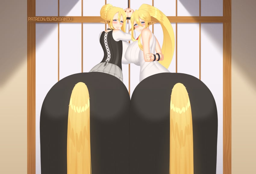 2girls alternate_version_available big_breasts blacksaikou blonde_hair blue_eyes blush bondage bound breasts centaur centorea's_mother centorea_shianus cheating clothed clothing daughter duo embarrassed equine female female_only fur furry large_breasts looking_at_viewer looking_back monster_musume_no_iru_nichijou mother mother_and_daughter nipple_bulge rear_view tail tied_up watermark