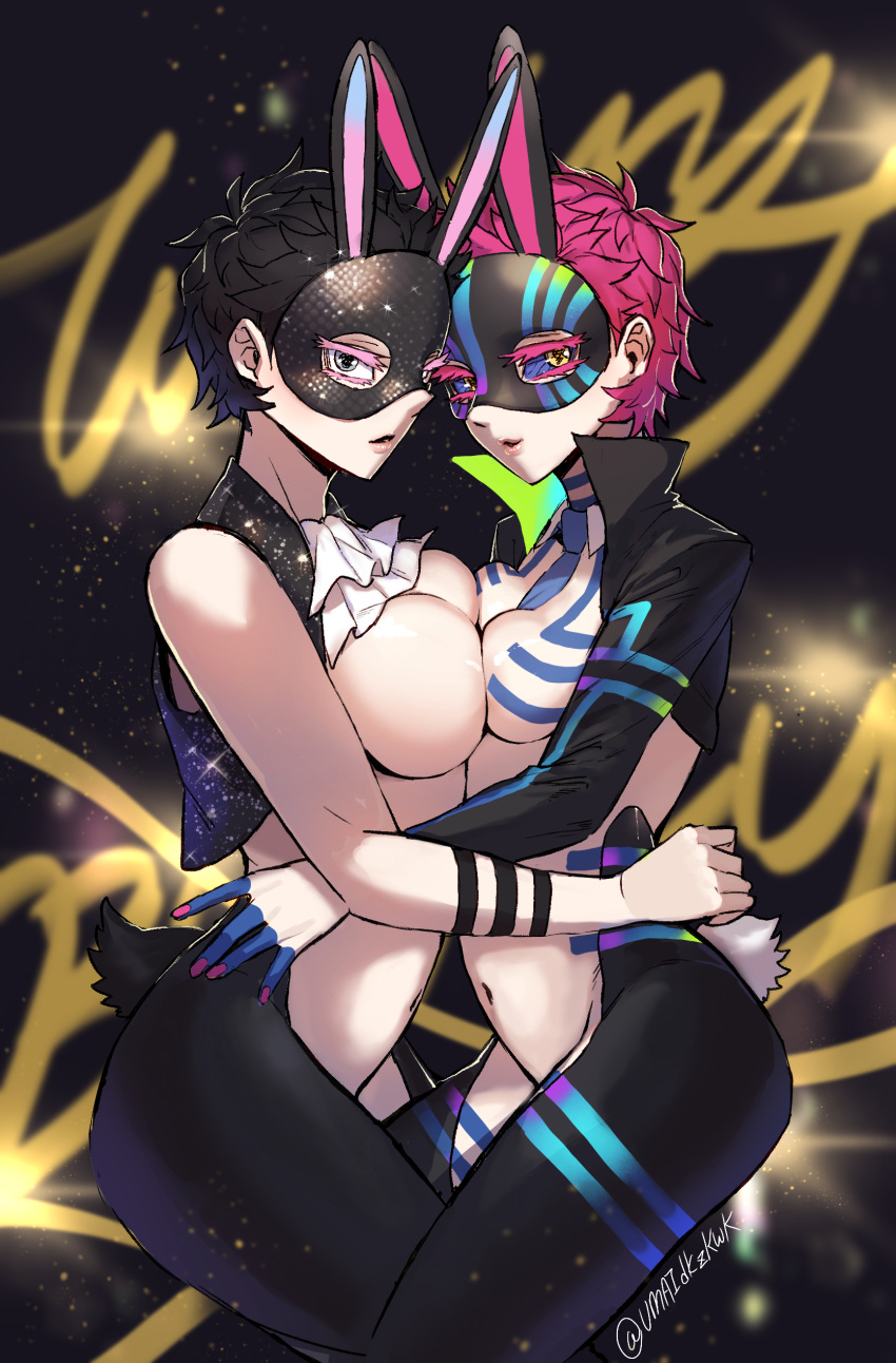 2girls akaza_(kimetsu_no_yaiba) alternate_costume big_breasts black_hair blue_sclera body_markings breast_press breast_size_difference breast_squish bunny_ears bunny_girl bunny_mask bunny_tail clone cravat demon_girl demon_slayer dual_persona female female_only genderswap_(mtf) hakuji kimetsu_no_yaiba looking_at_viewer mask multiple_girls necktie pink_hair reverse_bunnysuit rule_63 short_hair small_breasts tattoos thick_eyelashes umaidkzkwk very_short_hair yellow_eyes yuri