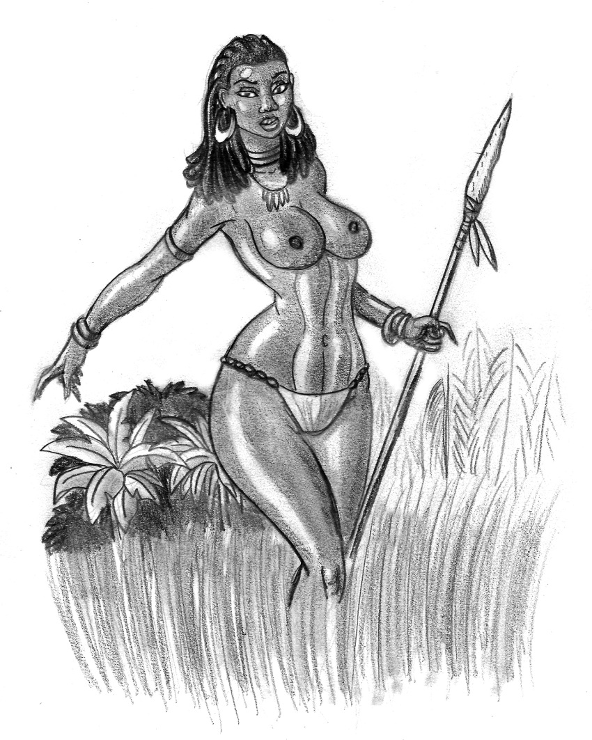 1girls abs african_female breasts dark-skinned_female dark_skin drawing fantasy female female_only holding_weapon in_grass jungle_girl looking_at_viewer navel solo solo_female spear standing topless tribal tyrannoninja