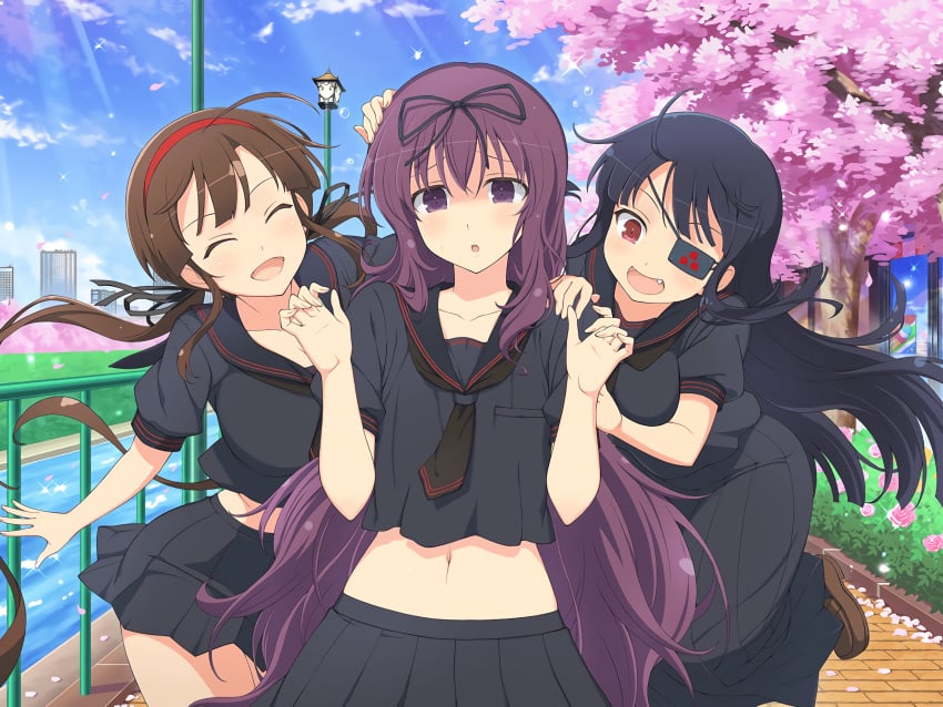 3girls april_fools attribute_theft boob_shrinking breast_deflation breast_expansion breast_reduction breast_shrinking flat_chest flat_chested huge_breasts image_set mirai_(senran_kagura) murasaki_(senran_kagura) ryoubi_(senran_kagura) senran_kagura tagme