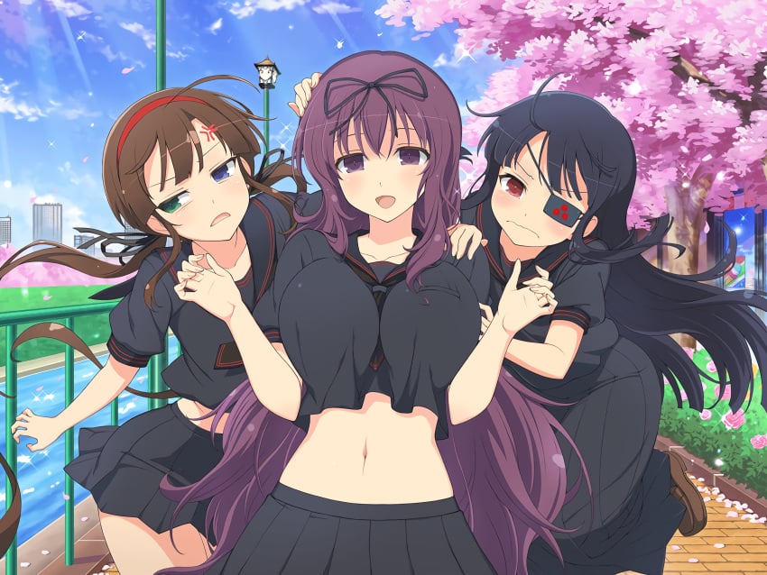 3girls april_fools attribute_theft boob_shrinking breast_deflation breast_reduction breast_shrinking flat_chest flat_chested huge_breasts image_set mirai_(senran_kagura) murasaki_(senran_kagura) ryoubi_(senran_kagura) senran_kagura tagme