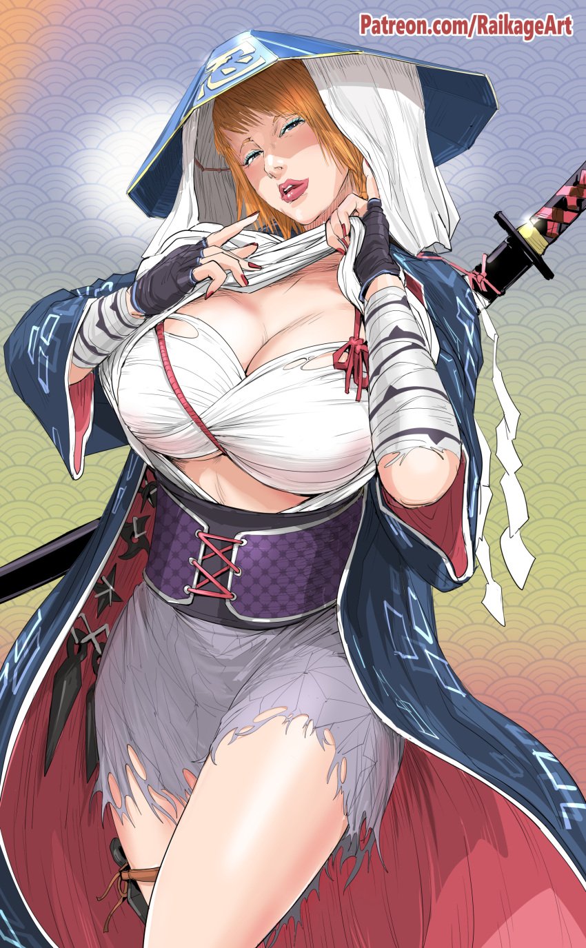 1girls big_breasts busty cleavage fanart female female_only hi_res japanese_clothes japanese_clothing jenna_lynn_meowri kunai kunoichi large_breasts light-skinned_female lipstick makeup meowri orange_hair patreon_url pinup raikage_art real_person solo_female solo_focus sword thighs throwing_star wraps