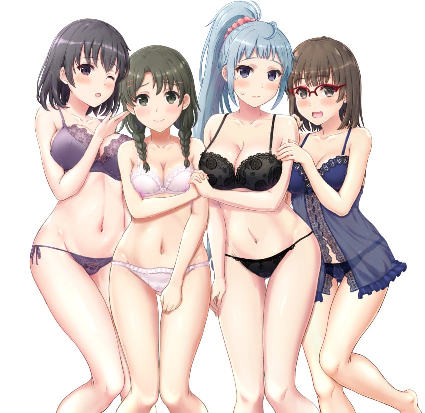 4girls babydoll bangs black_bra black_eyes black_hair black_panties blue_eyes blue_hair blue_panties blush bra breasts brown_eyes brown_hair cleavage ebina_hina eyebrows_visible_through_hair female female_only glasses highres inanaki_shiki kawasaki_saki large_breasts lingerie long_hair looking_at_viewer medium_breasts multiple_girls my_teen_romantic_comedy_snafu navel open_mouth panties pink_bra pink_panties ponytail red-framed_eyewear semi-rimless_eyewear shiromeguri_meguri short_hair side-tie_panties underwear underwear_only white_background yukinoshita_haruno