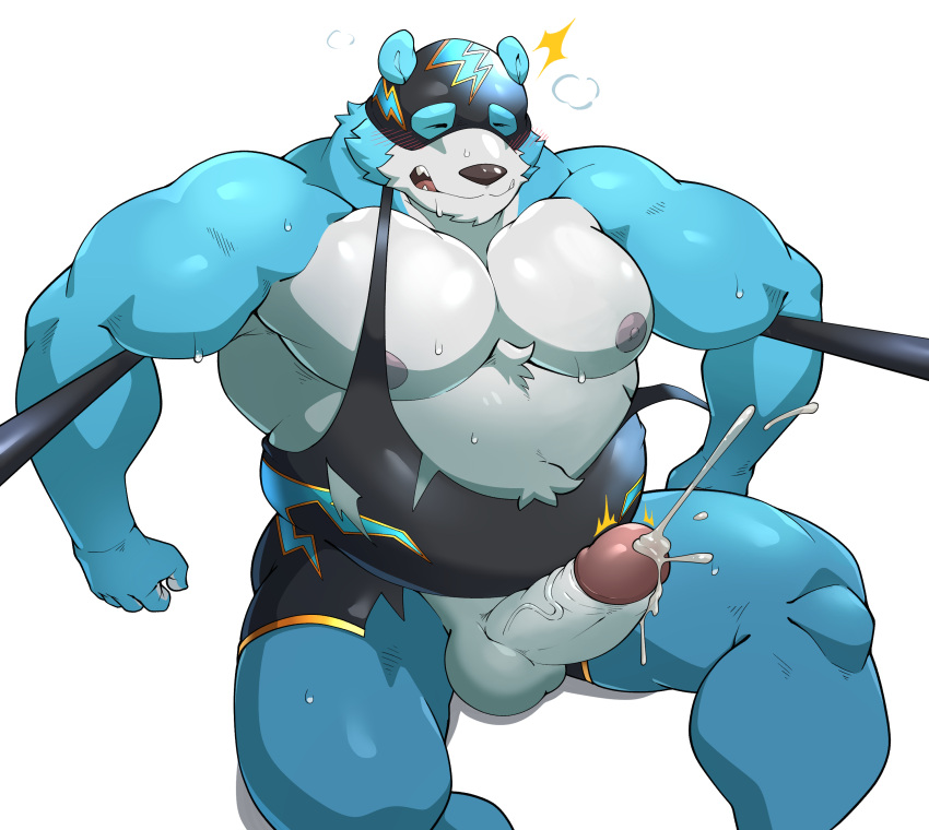 1boy 2022 absurd_res anthro balls belly big_belly black_nose blue_body bodily_fluids closed_eyes cum ejaculation erection genital_fluids genitals hi_res humanoid_genitalia humanoid_hands humanoid_penis kemono maldu male mammal mask moobs musclegut nipples overweight overweight_male penis sitting solo solo_male sweat ursid white_body wrestler wrestling_singlet