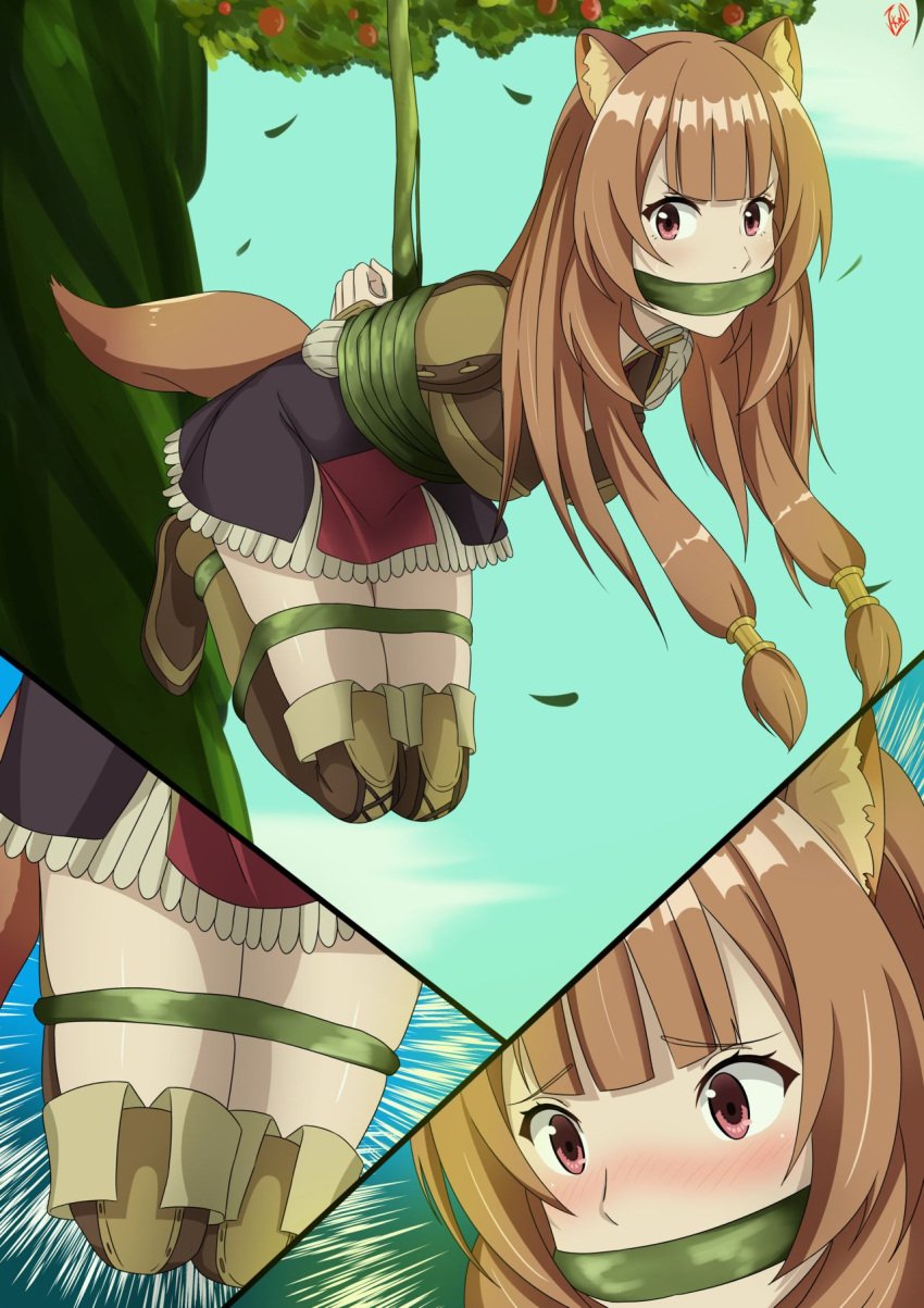 animal_ears arms_tied_behind_back bondage bound_ankles bound_legs brown_hair gag gagged looking_at_viewer multiple_views pink_eyes raphtalia tail tate_no_yuusha_no_nariagari vakaosciosa vine_bondage vine_gag