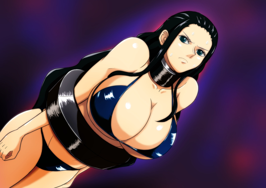 angry big_breasts bikini black_bikini black_hair bondage bra breasts female female_only long_hair nico_robin one_piece restrained sinabi thick_thighs underwear