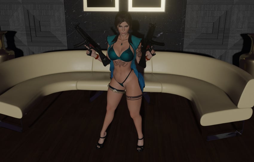 3d blender bra brown_hair female firearm g-string green_lingerie gun heels human inside lara_croft lara_croft_(survivor) lingerie mp5 panties sicipo6908 submachine_gun tomb_raider weapon