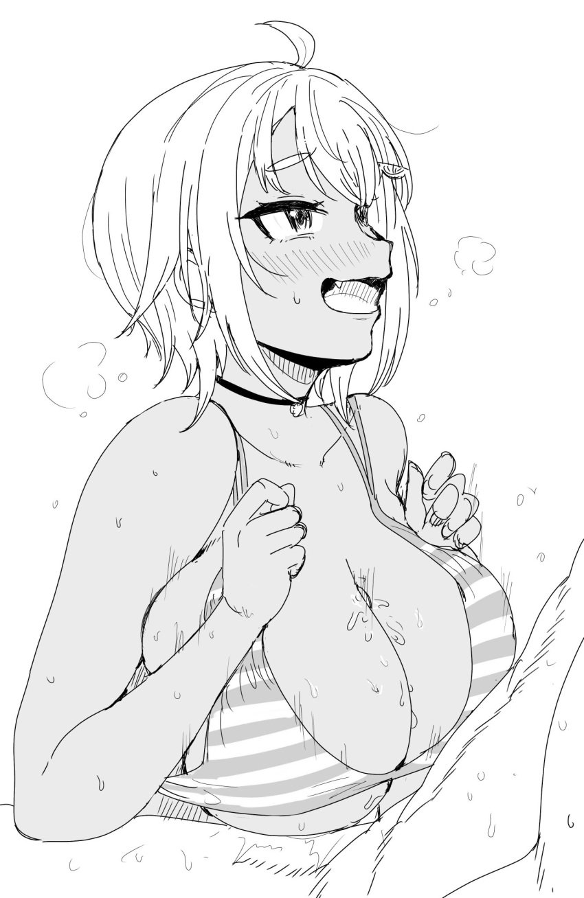 1boy 1girls alternate_breast_size big_breasts bikini bikini_top blush breasts dark-skinned_female dark_skin female hayama_marin huge_breasts kaiman_garupan large_breasts light-skinned_male looking_at_partner male monochrome nijisanji open_mouth paizuri paizuri_lead_by_female paizuri_on_lap straight sweat tip_peeking unseen_male_face virtual_youtuber