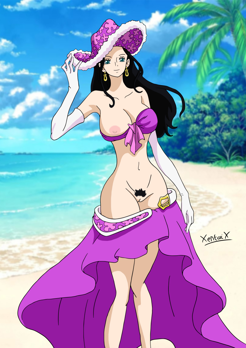 beach black_hair breasts female female_only hairy_pussy hat nico_robin nude nude_female one_piece pussy xentaix