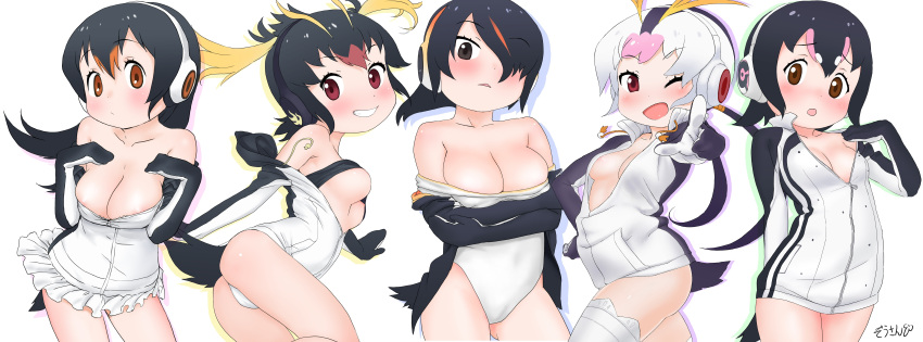 black_hair black_jacket blush brown_eyes clothing covered_navel emperor_penguin_(kemono_friends) female female female_only female_solo friends gentoo_penguin_(kemono_friends) headphones high_resolution highleg highleg_leotard hood hood_down hooded_jacket humboldt_penguin_(kemono_friends) jacket kemono_friends legwear leotard long_hair long_sleeves looking_at_viewer masuyama_ryou miniskirt mittens multicolored_hair one_eye_covered open_clothes open_jacket partially_unzipped peek-a-boo_bang penguin_tail penguins_performance_project_(kemono_friends) red_eyes rockhopper_penguin_(kemono_friends) royal_penguin_(kemono_friends) short_hair simple_background skirt solo standing streaked_hair tail thighhighs thighs tied_hair tubetop twintails two-tone_hair undressing very_high_resolution white_background white_legwear white_leotard zipper