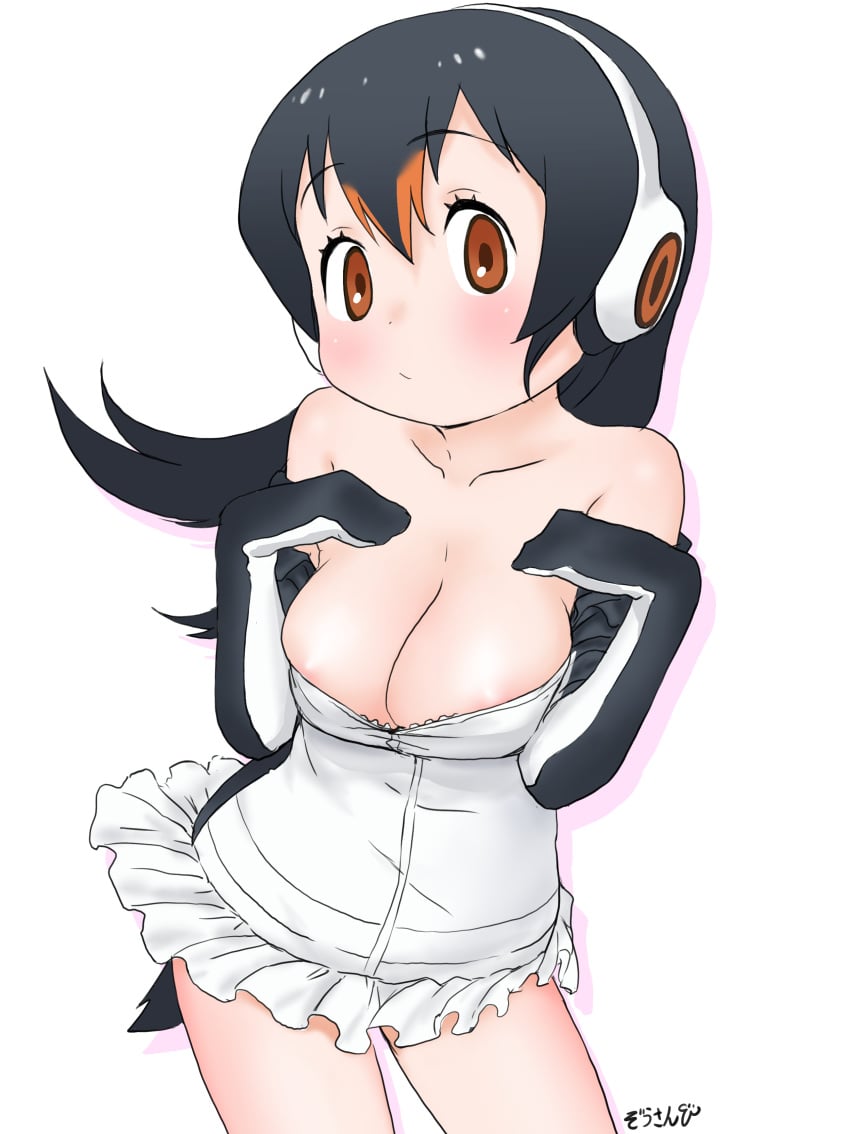 areola_slip areolae bare_shoulders black_hair breast_slip breasts brown_eyes bursting_breasts clothing cowboy_shot female female_only female_solo gentoo_penguin_(kemono_friends) headphones high_resolution jacket kemono_friends large_breasts long_hair long_sleeves looking_at_viewer masuyama_ryou midriff miniskirt mittens multicolored_hair no_bra open_clothes open_jacket penguin_tail simple_background skirt solo standing streaked_hair tail two-tone_hair undressing very_high_resolution wardrobe_malfunction white_background