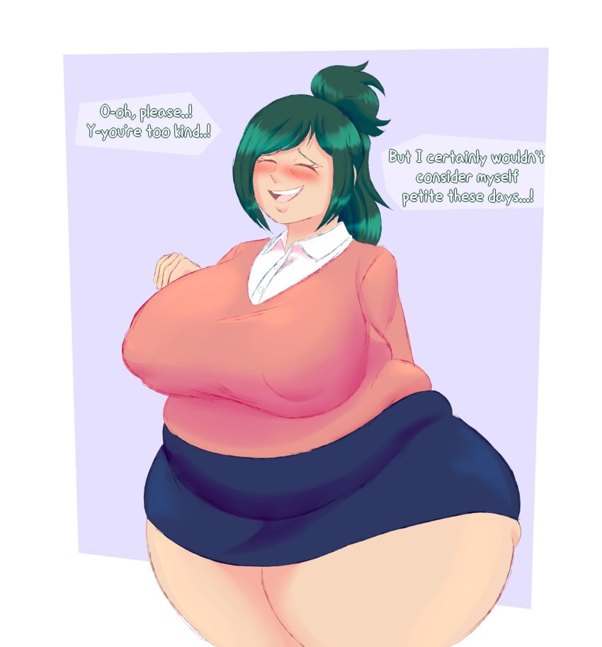 1girls bbw belly big_belly big_breasts blush blushing border breasts chubby chubby_female closed_eyes clothed clothing cropped_legs fat female female_focus female_only green_eyes green_hair hi_res highres huge_breasts human inko_midoriya jpeg_artifacts light-skinned_female light_skin love_handles mature mature_female milf mombod mother my_hero_academia nipple_bulge open_eyes open_mouth overweight skirt smile solo solo_female solo_focus source_request speech_bubble standing sunsleptos text thick thick_thighs thunder_thighs white_border wide_hips