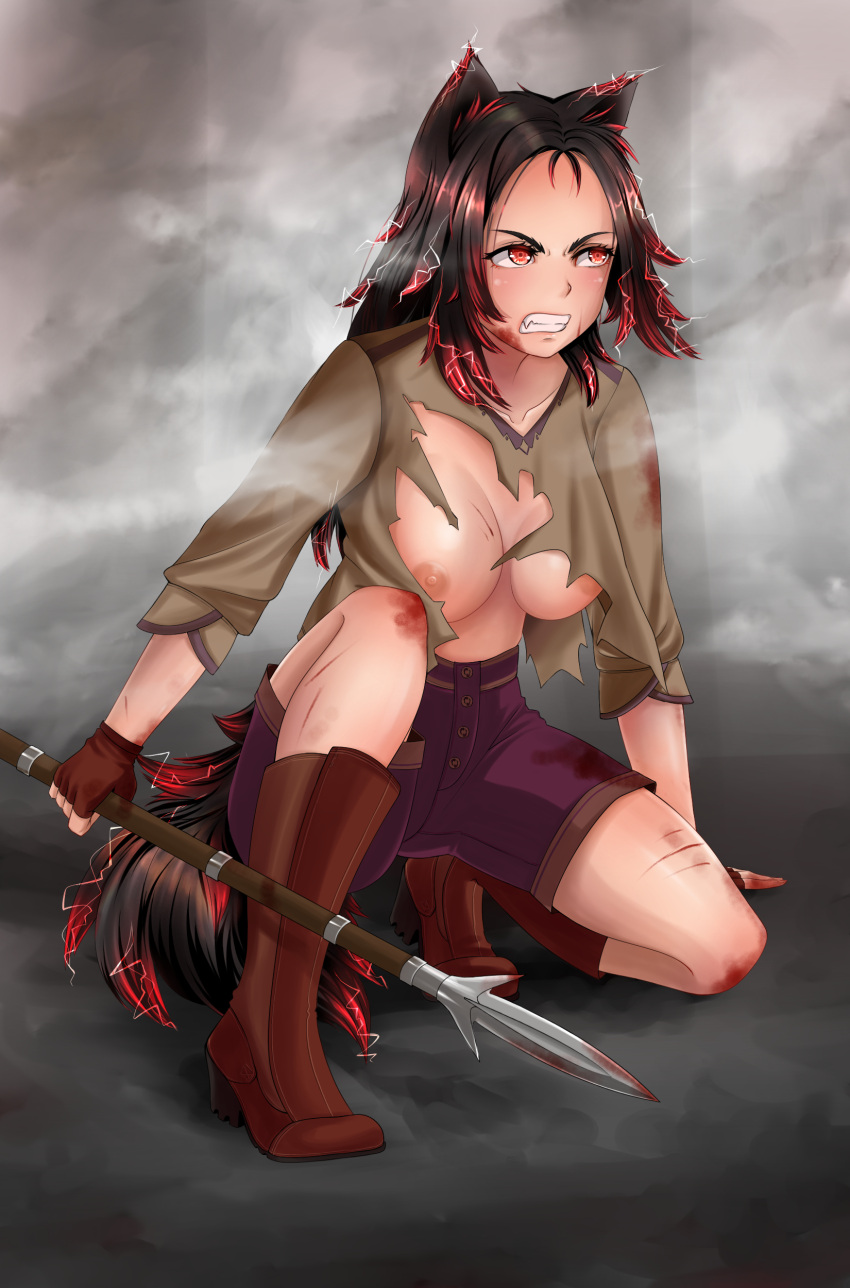 absurdres angry animal_ears blood blood_on_clothes blood_on_face boots breasts cat_ears colored_tips fantasy female female gradient_hair highres holding holding_polearm holding_weapon lance large_breasts lightning long_hair messy_hair multicolored_hair nipples oerba_yun_fang original polearm red_eyes rinko_riban self_upload shorts solo tail torn_clothes weapon