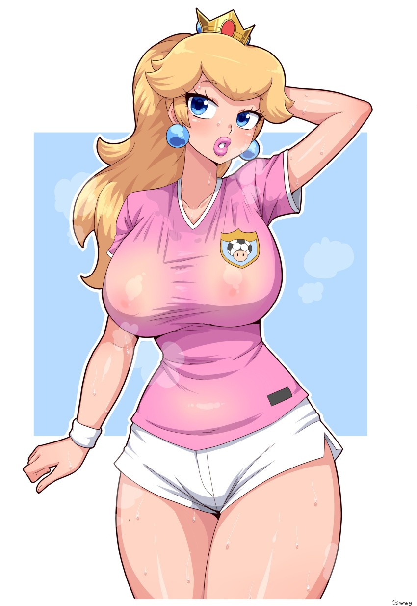 1girls 2022 absurd_res alternate_breast_size alternate_hairstyle arms_up big_breasts blonde_female blonde_hair blue_eyes commission crown female female_only football football_player football_uniform giant_breasts hips huge_breasts long_hair mario_(series) mario_strikers nintendo nipples nipples_visible_through_clothing pink_lips ponytail princess princess_peach puffy_lips royalty short_shorts shorts simmsy slim_waist soccer_uniform sportswear steam steaming_body sweat sweaty_body thick_lips thick_thighs thighs tied_hair visible_breath visible_nipples white_shorts wide_hips